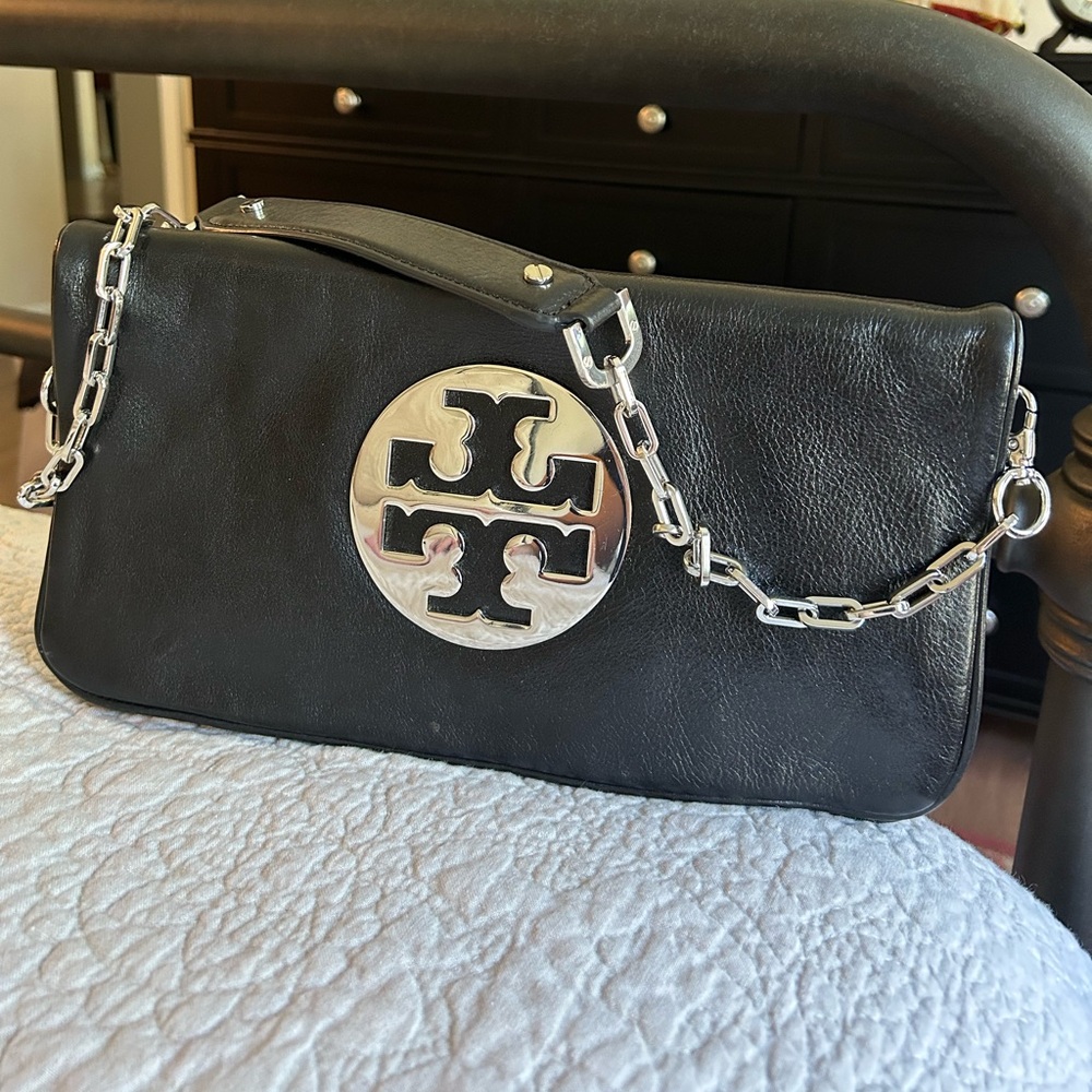 Tory Burch Black and Silver Clutch with Signature Logo
